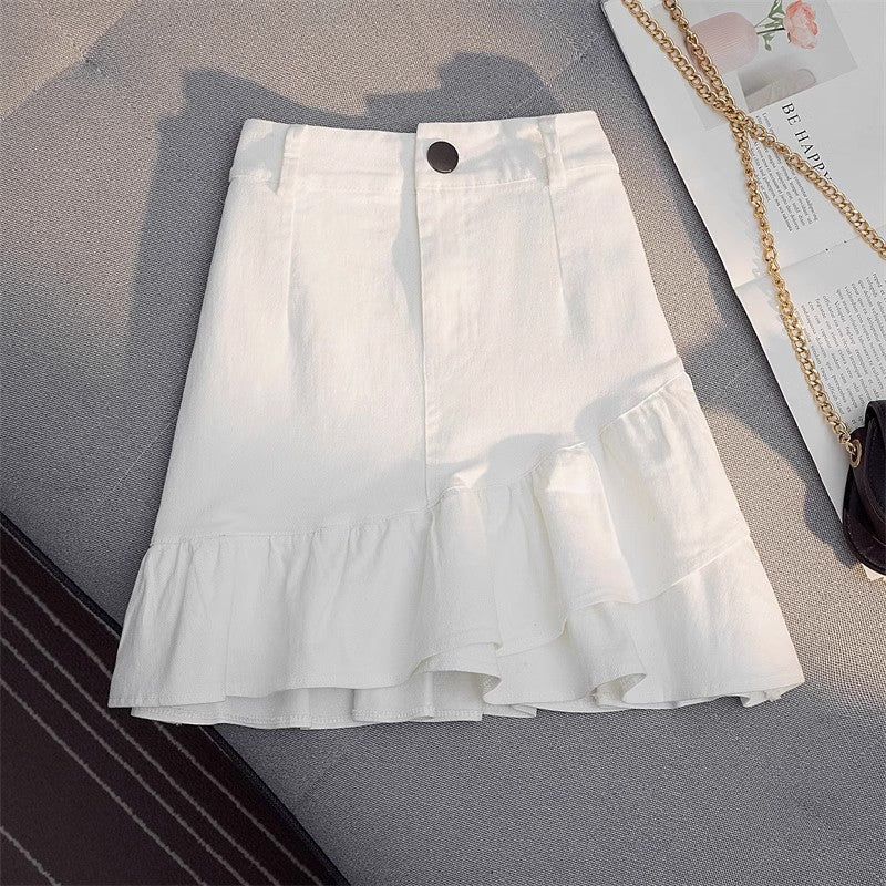 Women's High-Waisted Irregular Ruffle Denim A-Line Mini Skirt