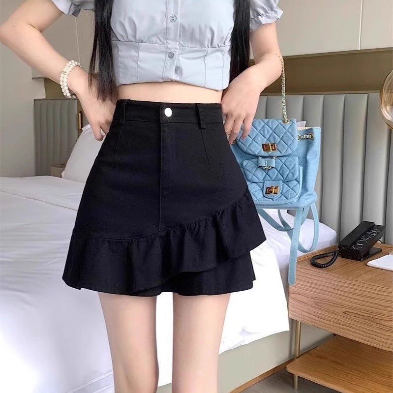 Women's High-Waisted Ruffle Denim A-Line Mini Skirt