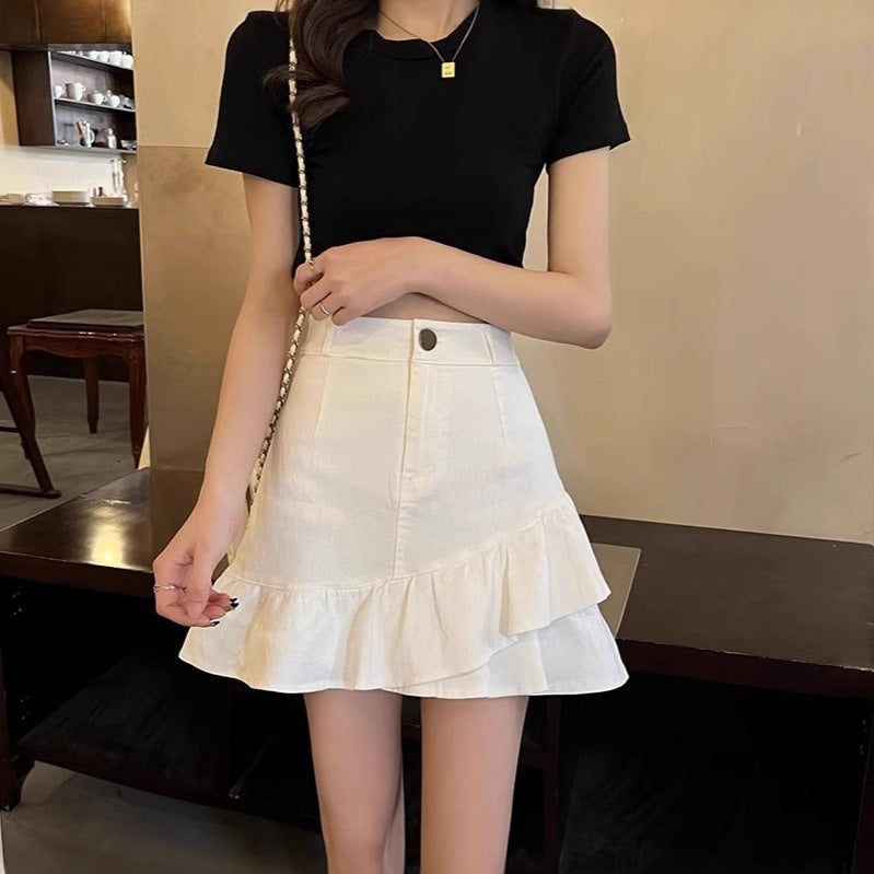 Women's High-Waisted Ruffle Denim A-Line Mini Skirt