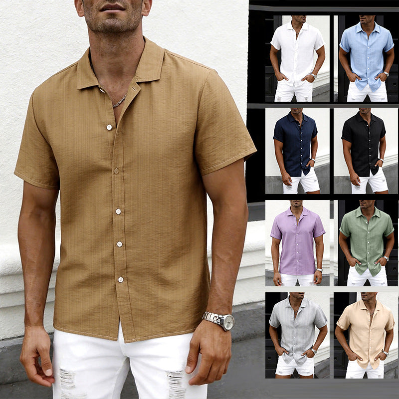 Men's Plus Size Solid Color Short Sleeve Collared Shirt