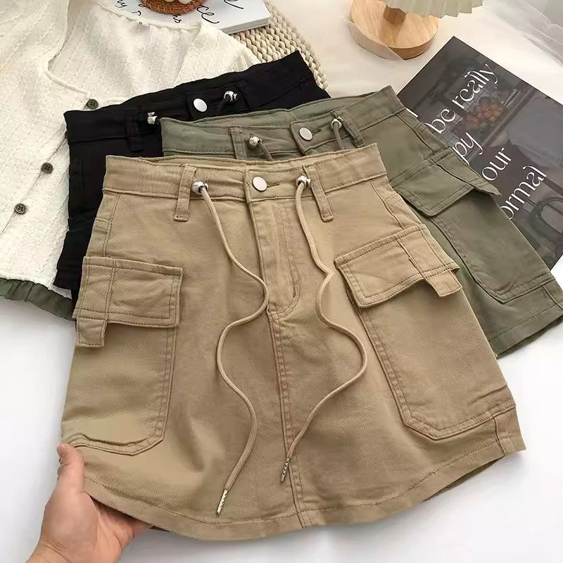Women's High-Waisted Drawstring Denim Mini Skirt