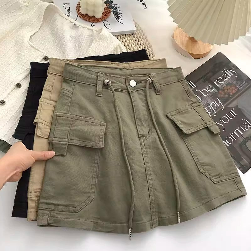 Women's High-Waisted Drawstring Denim Mini Skirt