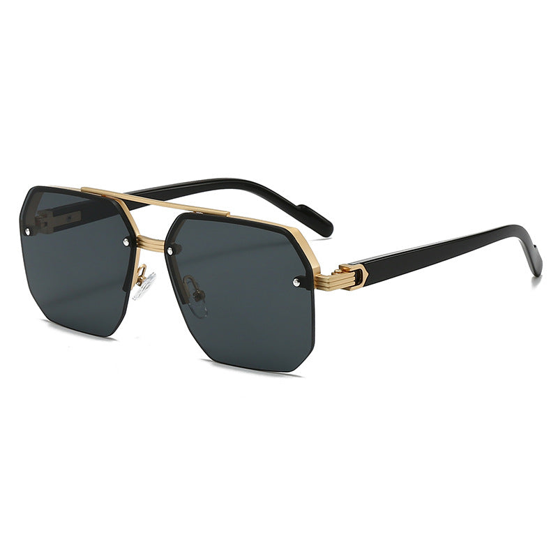 Men's Square Half-Frame Double-Bridge Metal Sunglasses