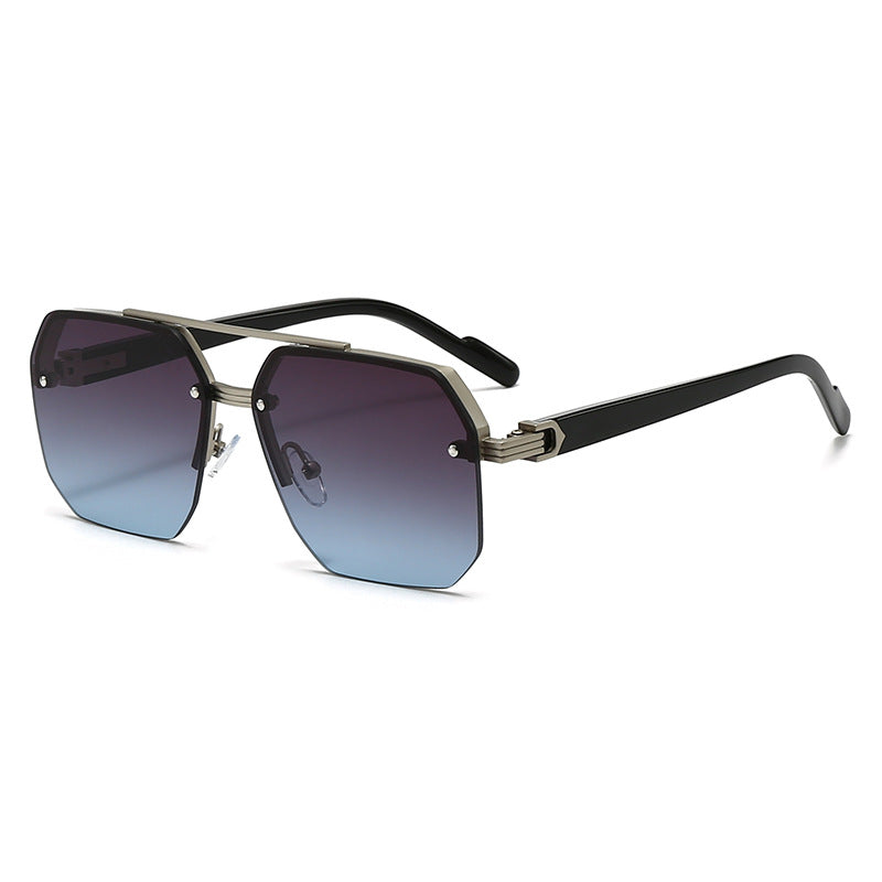 Men's Square Half-Frame Double-Bridge Metal Sunglasses