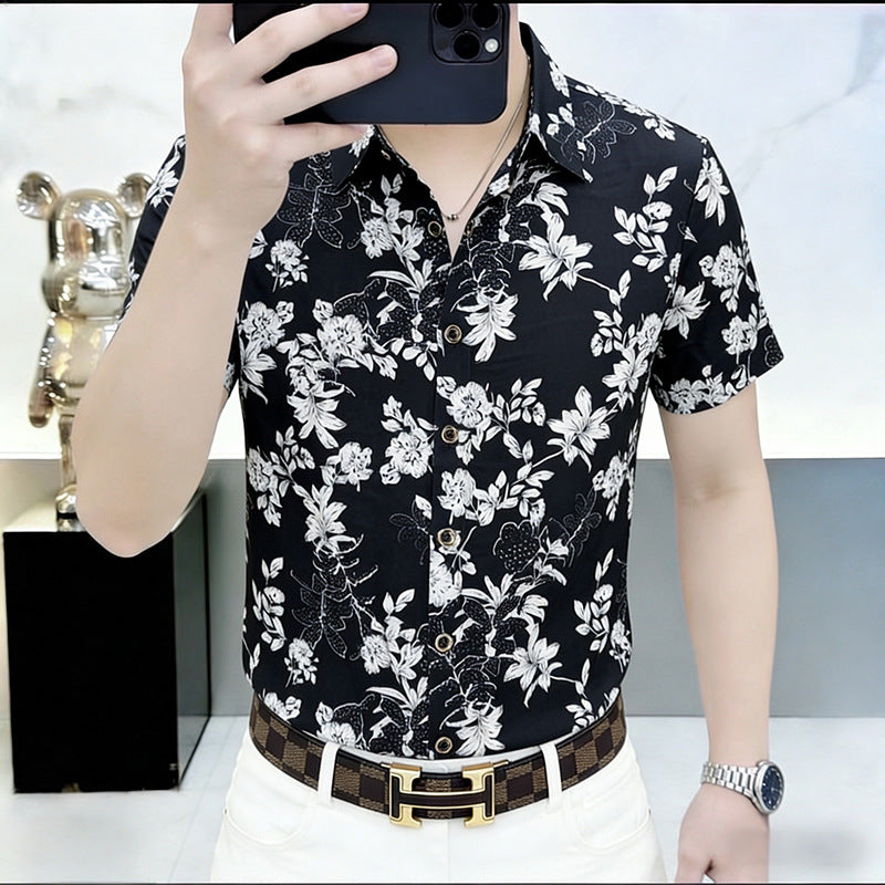 Men's Floral Print Stretch Short Sleeve Casual Shirt