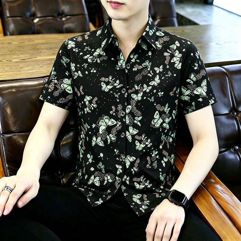 Men's Floral Print Stretch Short Sleeve Casual Shirt