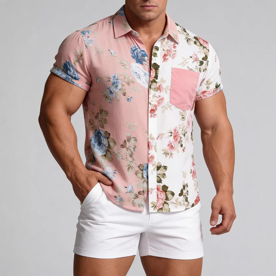 Men's Floral Panel Short Sleeve Casual Shirt