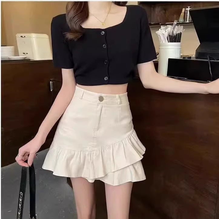 Women's High-Waisted Ruffle Fishtail Denim Mini Skirt