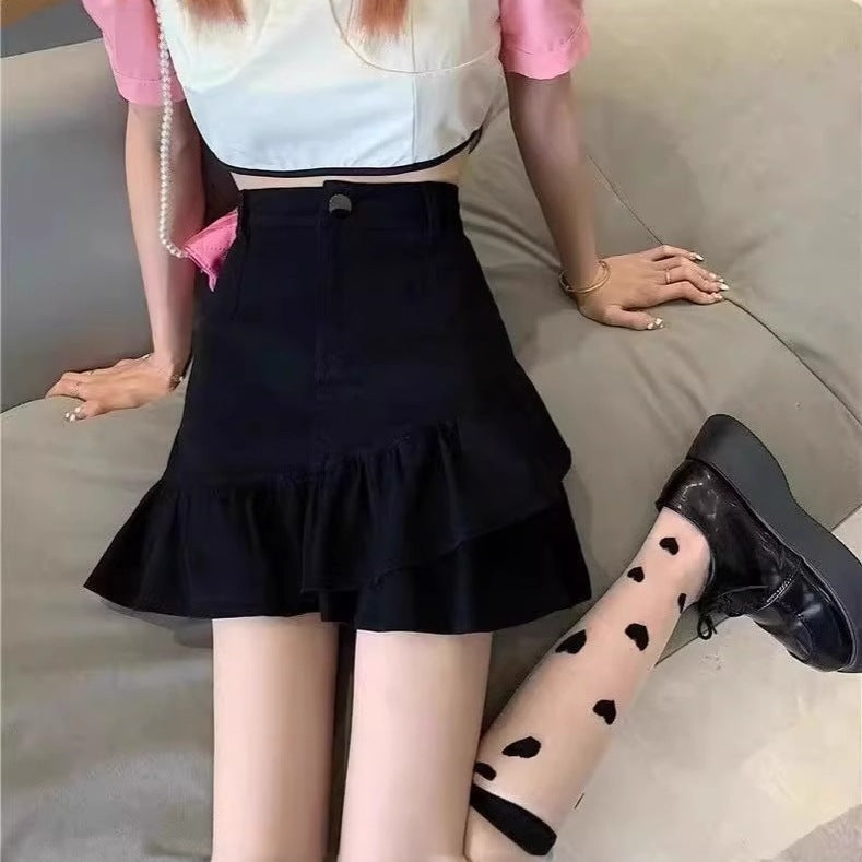 Women's High-Waisted Ruffle Fishtail Denim Mini Skirt