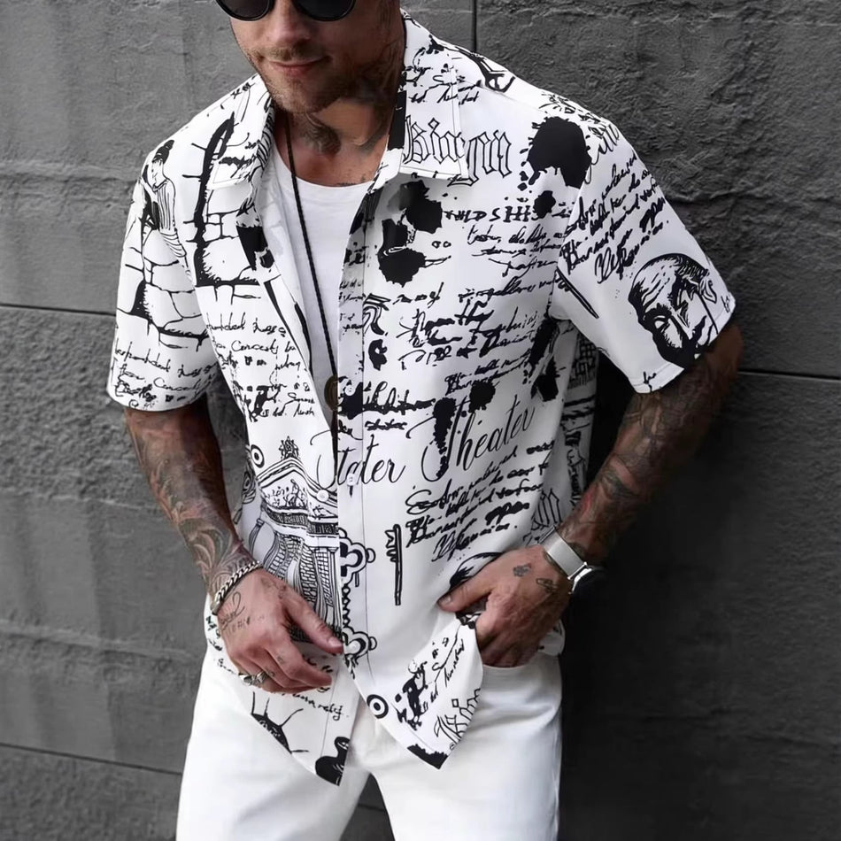 Men's Ink Graffiti Print Short Sleeve Casual Shirt