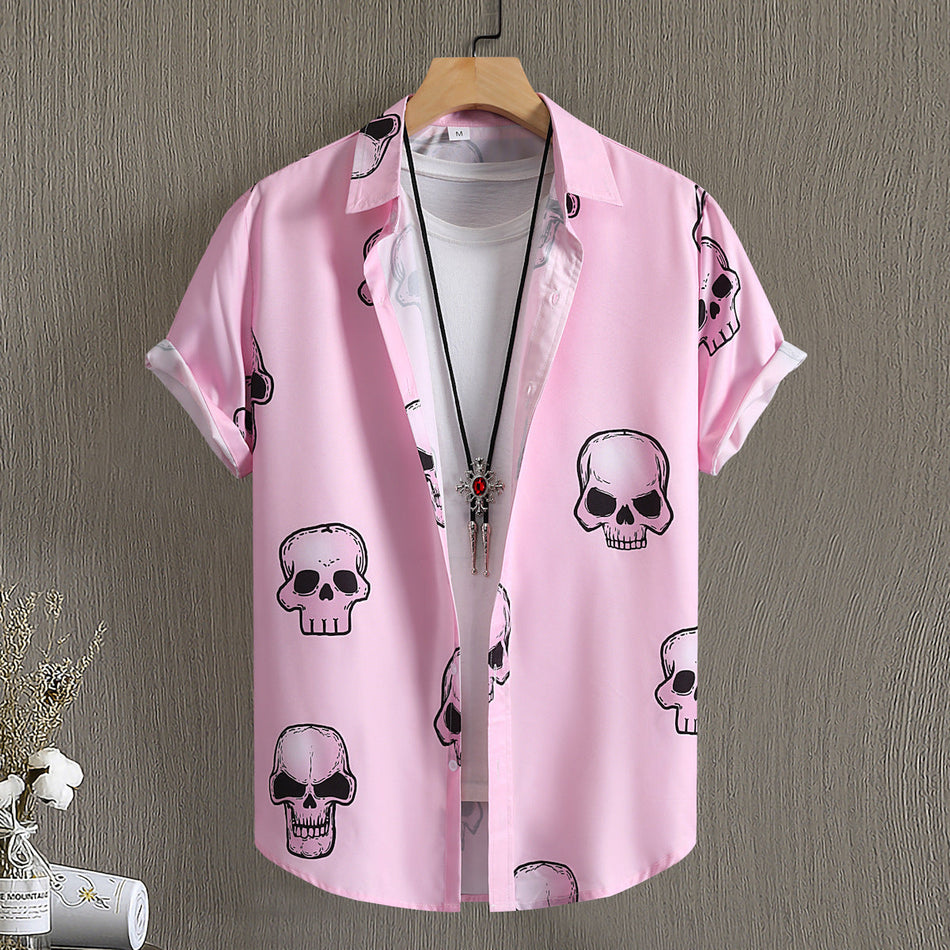 Men's Retro Skull Print Short Sleeve Party Shirt