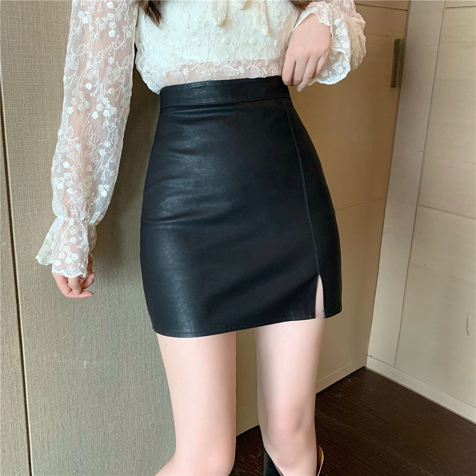 Women's High-Waisted PU Leather A-Line Mini Skirt with Slit