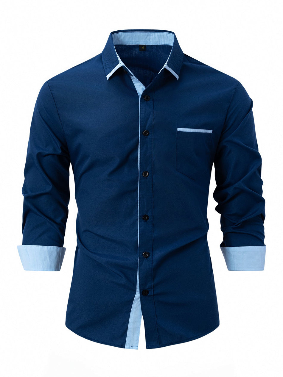 Men's Cotton Color Block Slim Fit Dress Shirt
