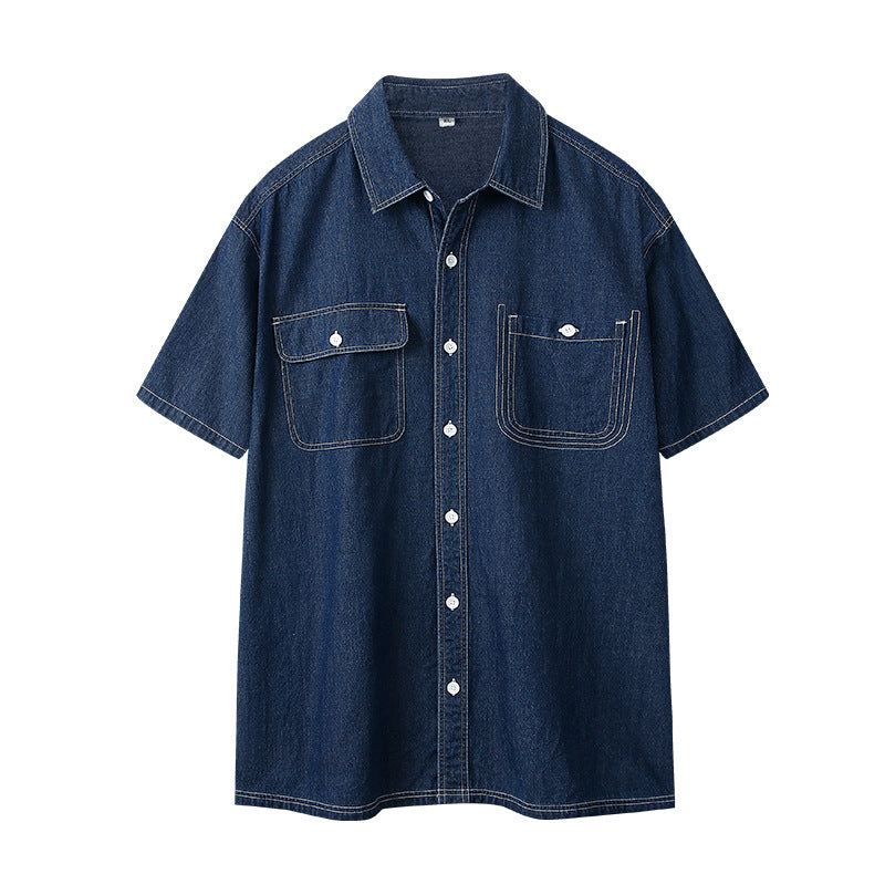 Men's Japanese Denim Short Sleeve Cotton Shirt Slim Fit Style