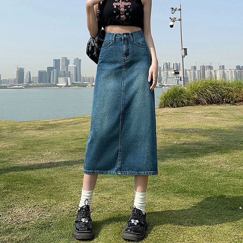 Women's High-Waisted Slit Denim Midi Skirt