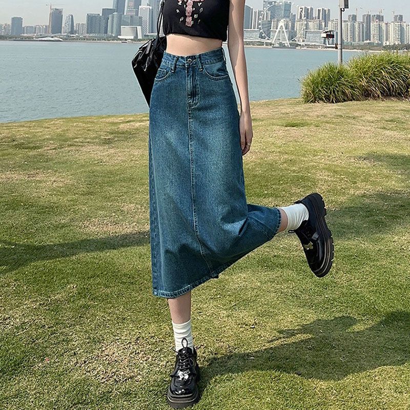 Women's High-Waisted Slit Denim Midi Skirt