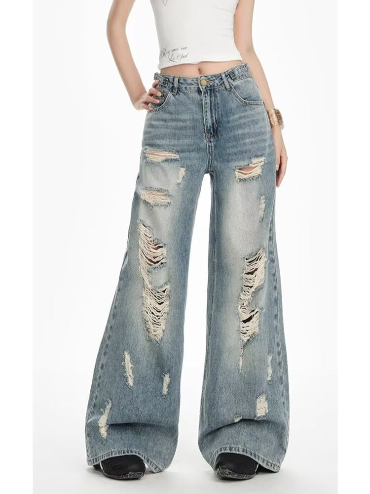 Women's Retro Distressed Straight Leg Denim Jeans