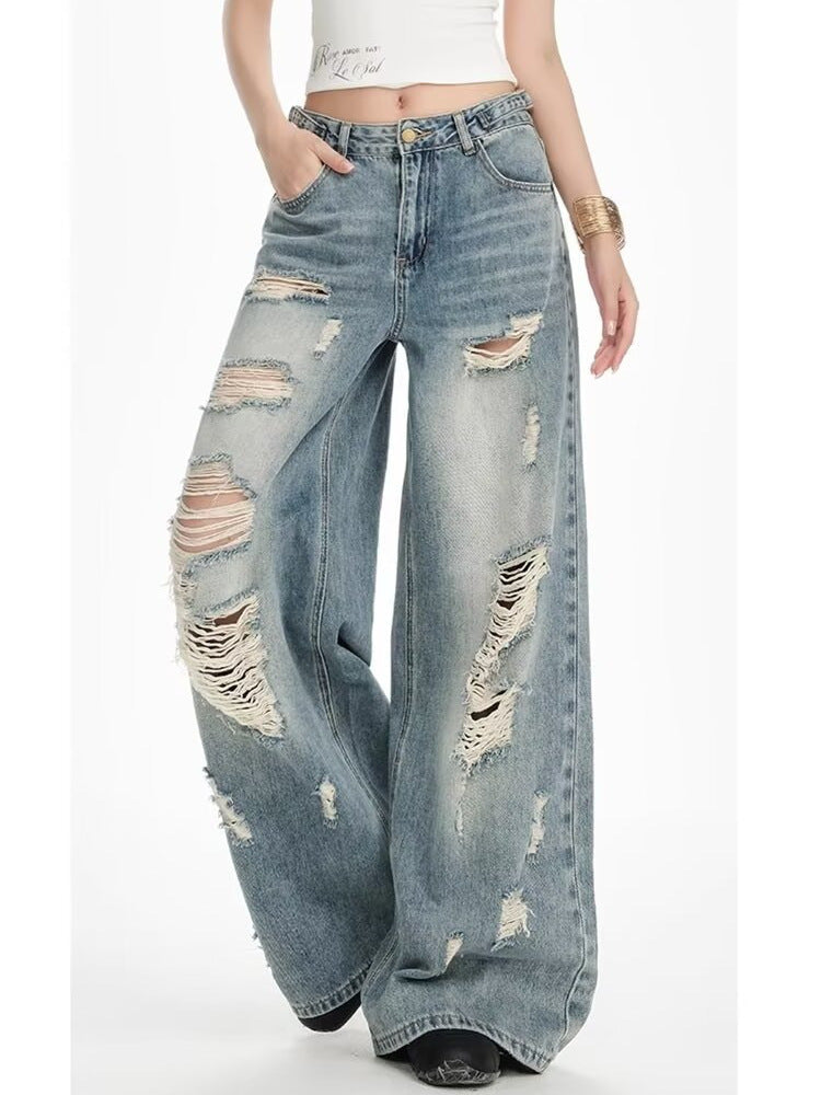 Women's Retro Distressed Straight Leg Denim Jeans