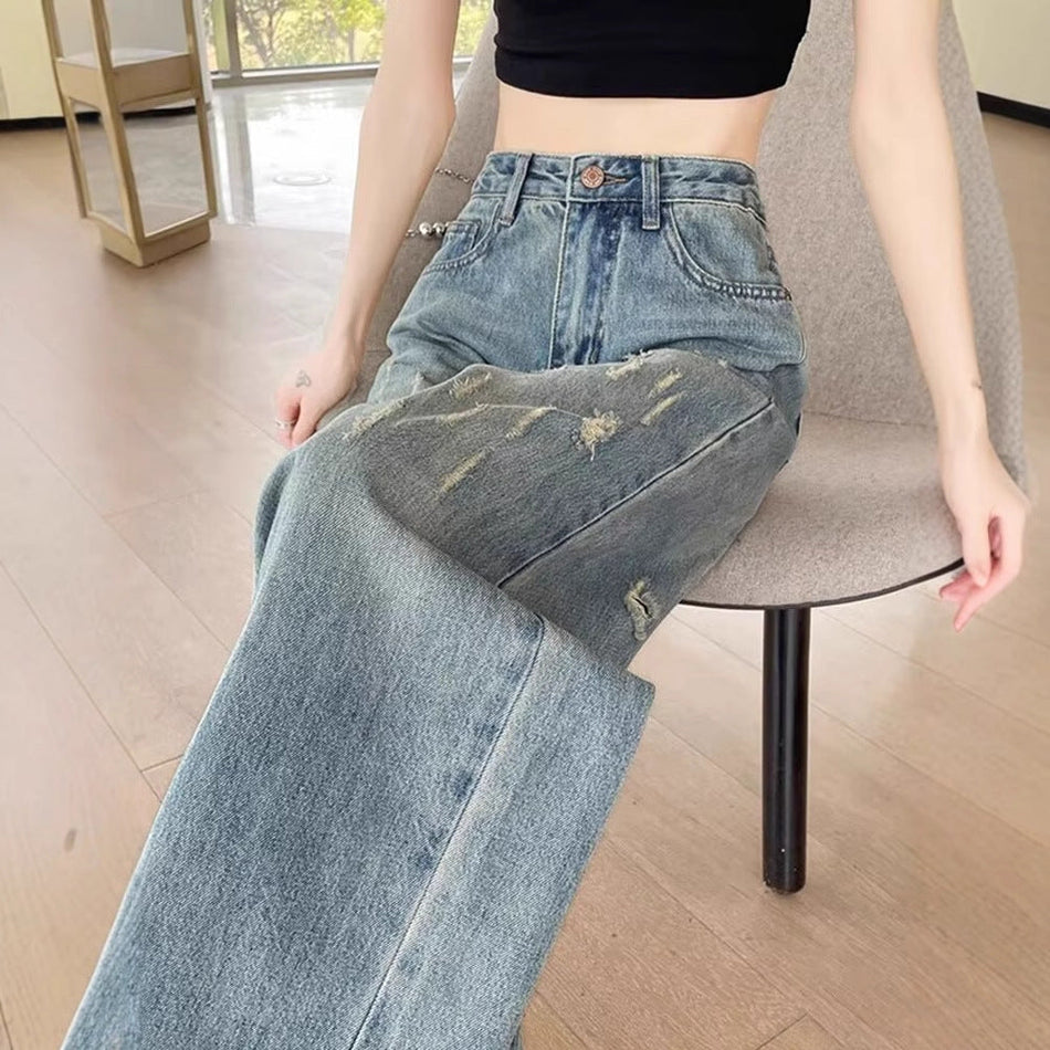 Women's High-Waisted Washed Wide-Leg Denim Jeans