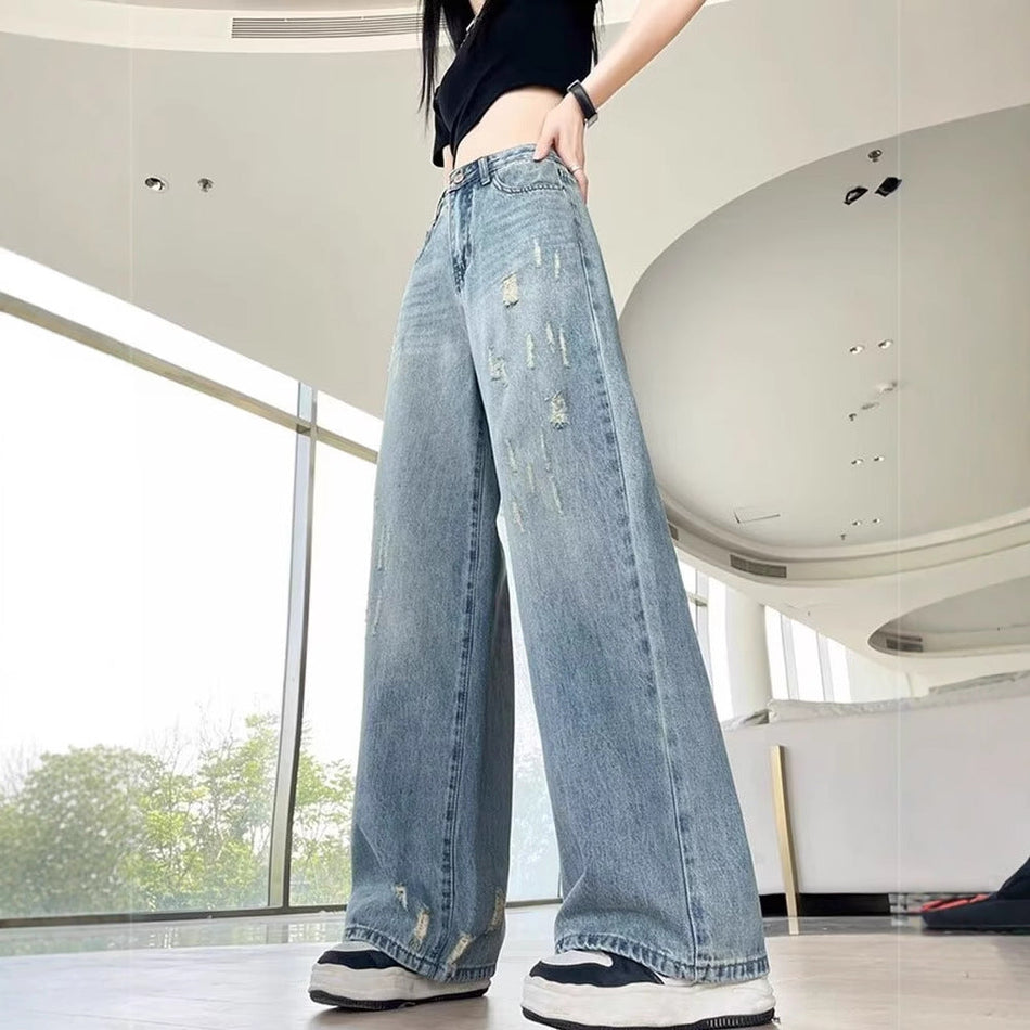 Women's High-Waisted Washed Wide-Leg Denim Jeans