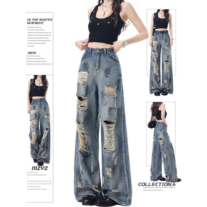 Women's High-Waisted Splash Ink Wide Leg Ripped Jeans