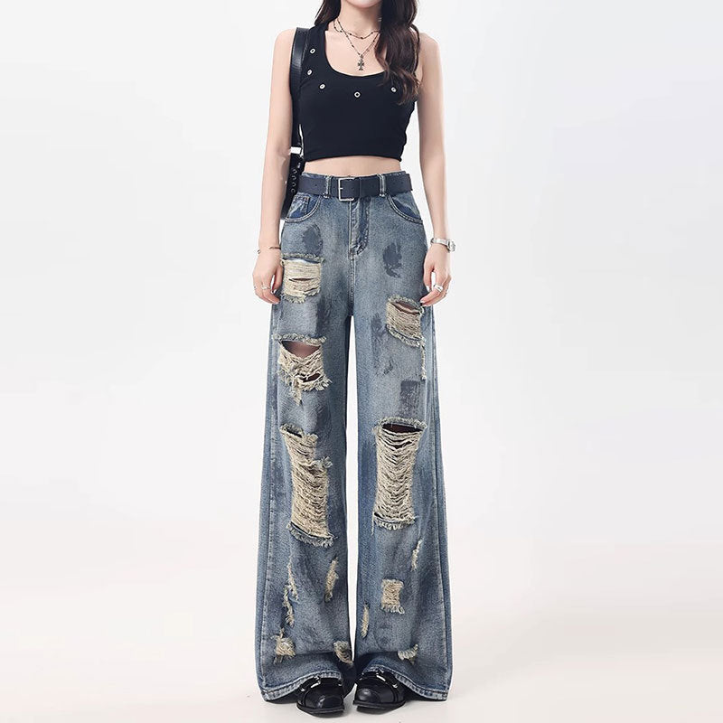 Women's High-Waisted Splash Ink Wide Leg Ripped Jeans