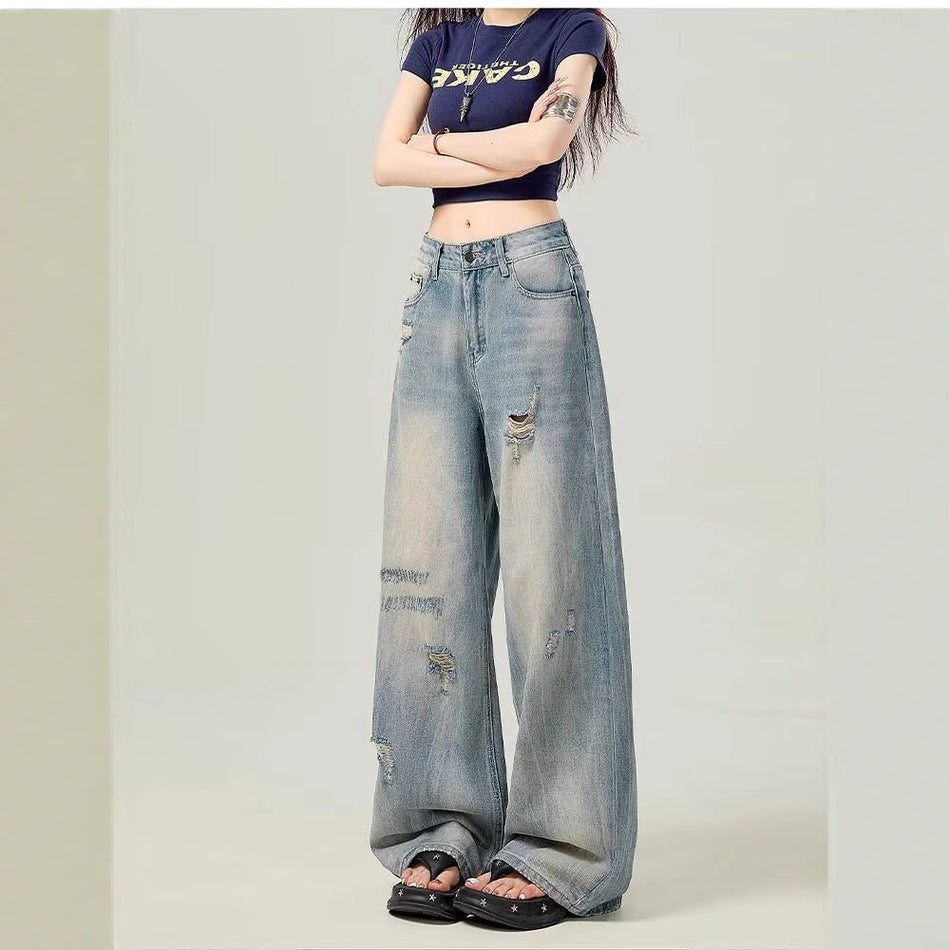 Women's High-Waisted Distressed Straight Leg Denim Jeans