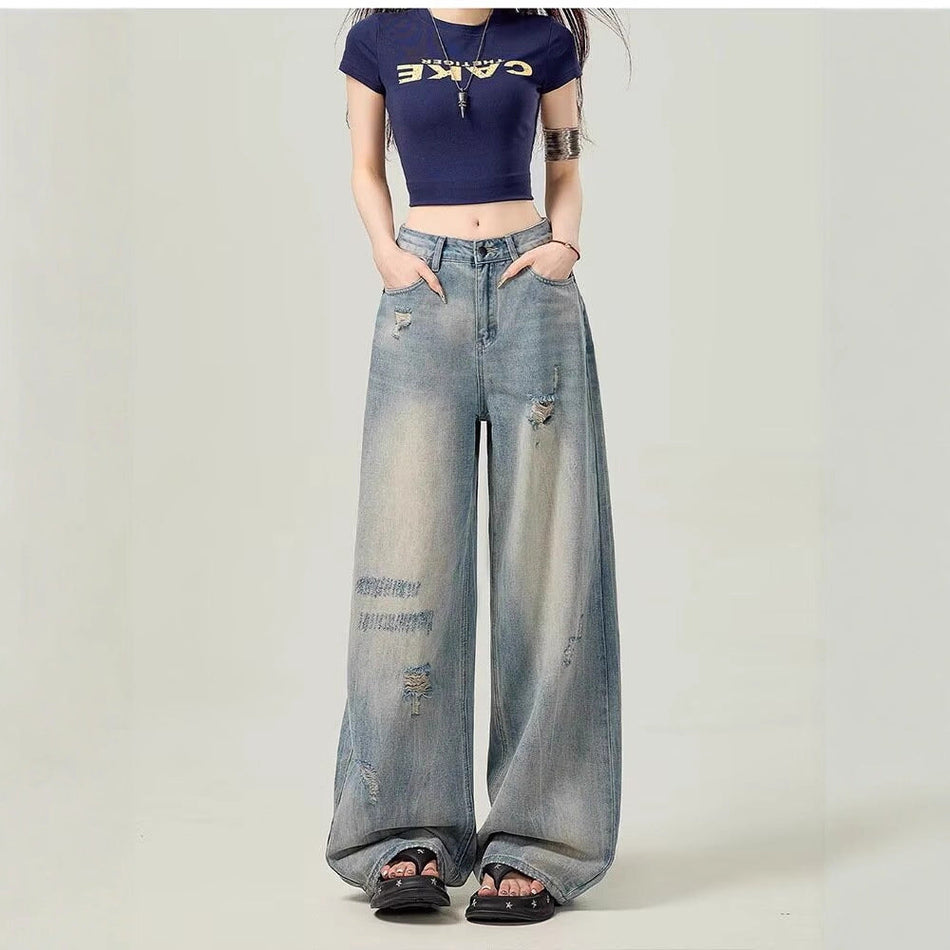 Women's High-Waisted Distressed Straight Leg Denim Jeans