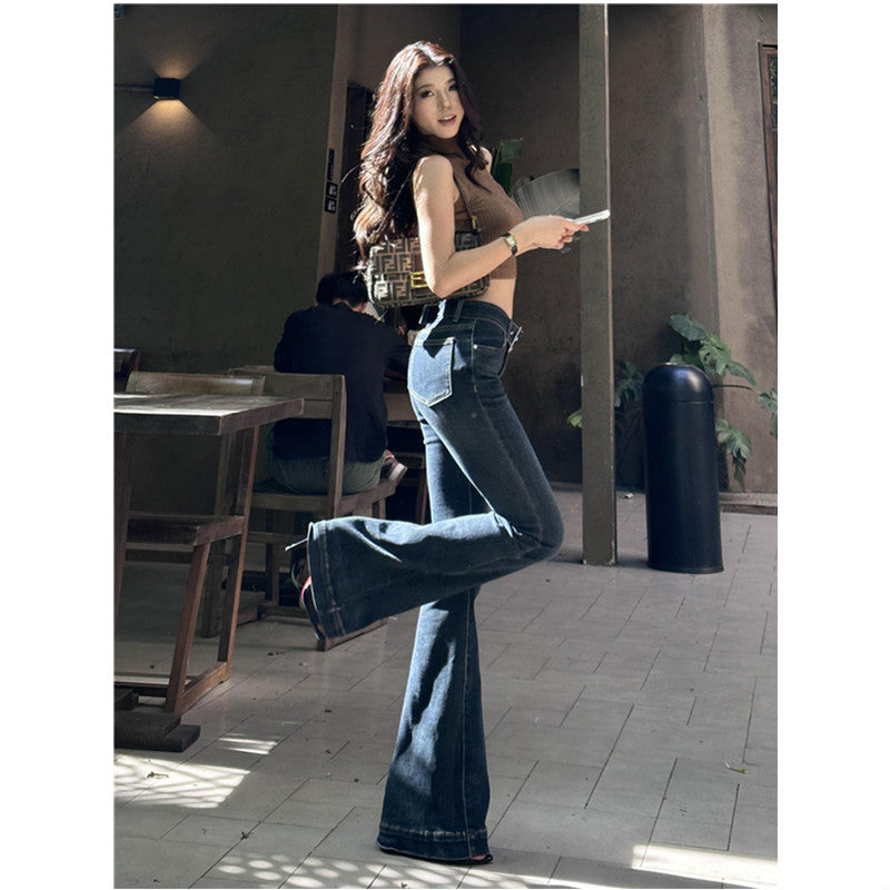 Retro Dark Blue Low Rise Flare Jeans for Women
