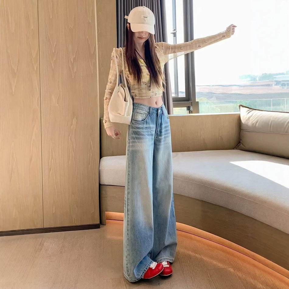 High Waist Light Blue Straight Leg Jeans for Women