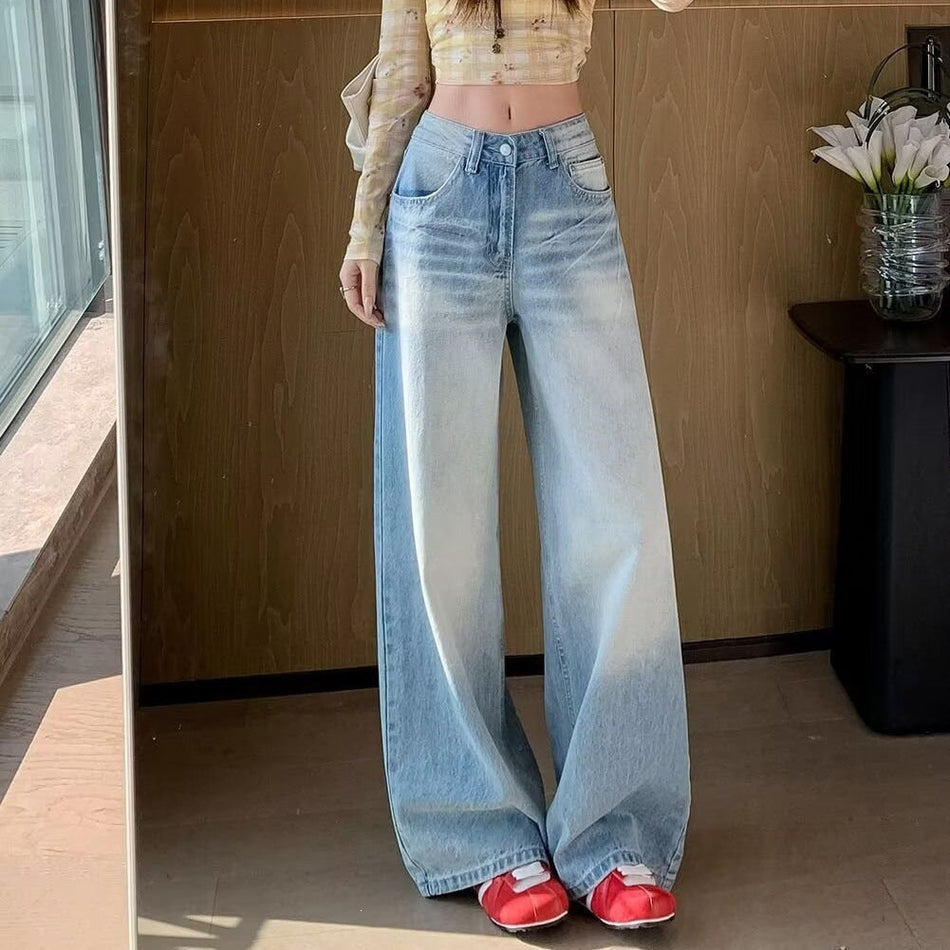 High Waist Light Blue Straight Leg Jeans for Women