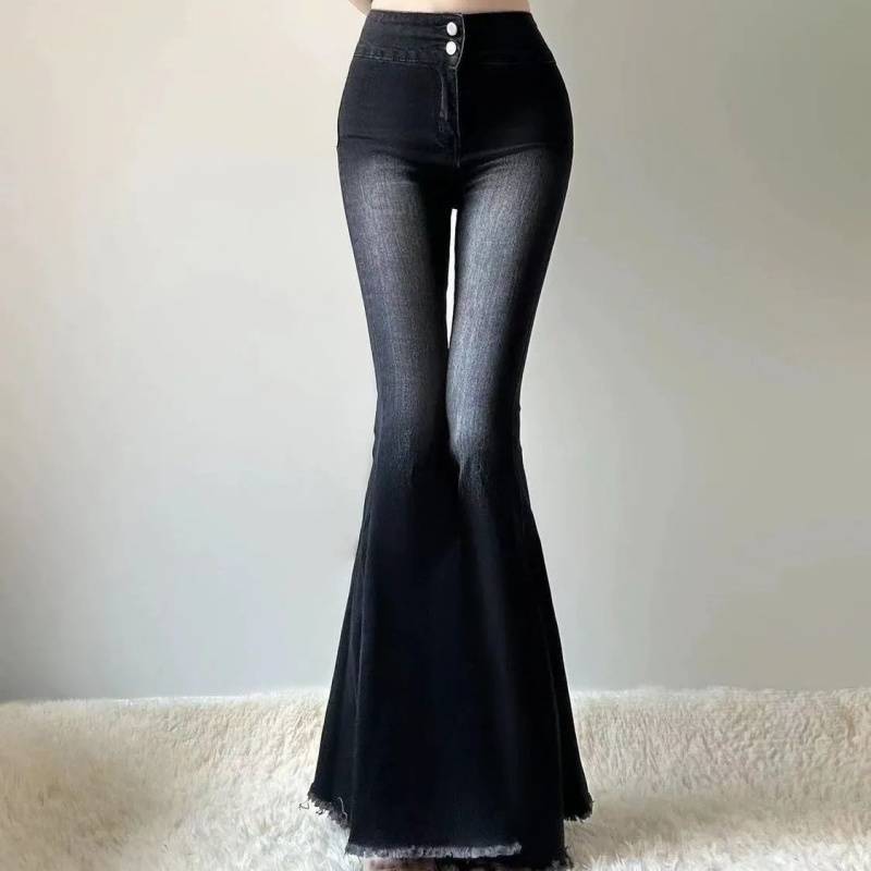 High Waist Black Fishtail Flare Jeans for Women