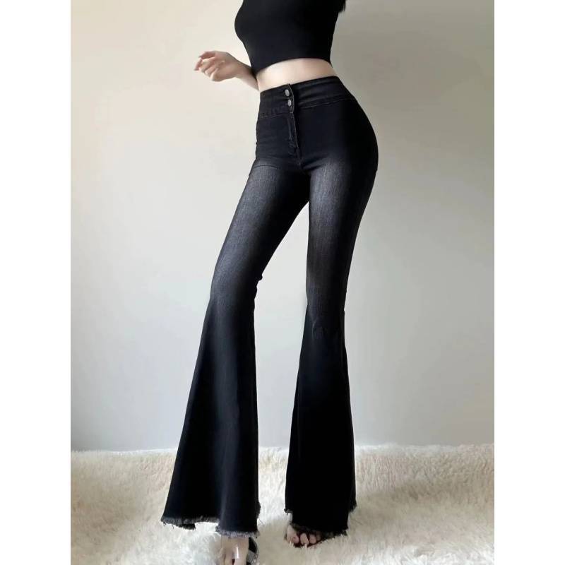 High Waist Black Fishtail Flare Jeans for Women