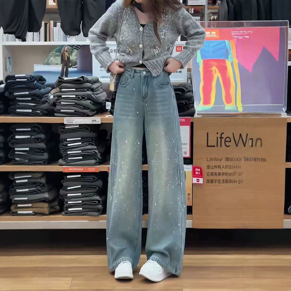 High Waist Rhinestone Wide Leg Jeans for Women
