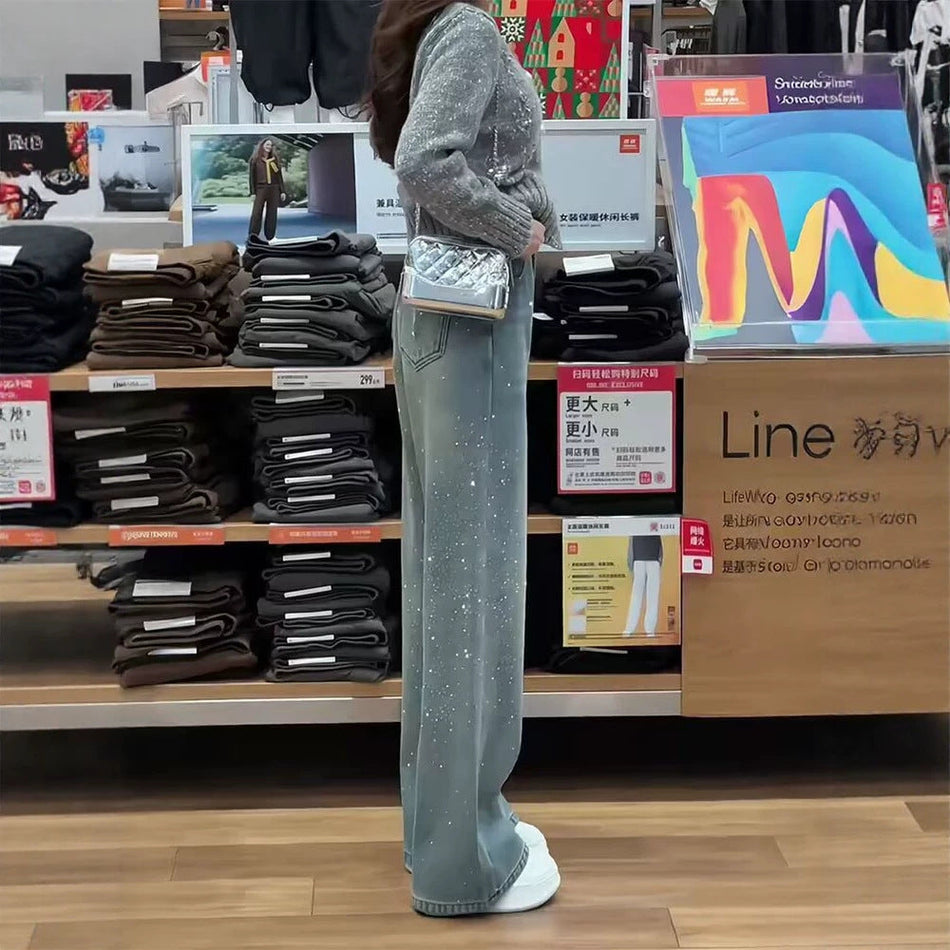 High Waist Rhinestone Wide Leg Jeans for Women