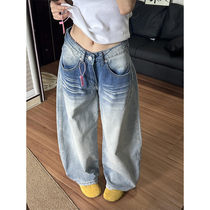 Vintage Washed Low Rise Wide Leg Jeans for Women