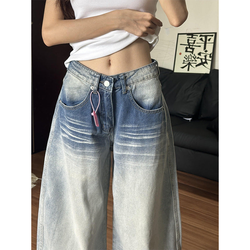 Vintage Washed Low Rise Wide Leg Jeans for Women