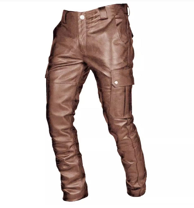 Men's PU Leather Lace Up Casual Slim Fit Pants