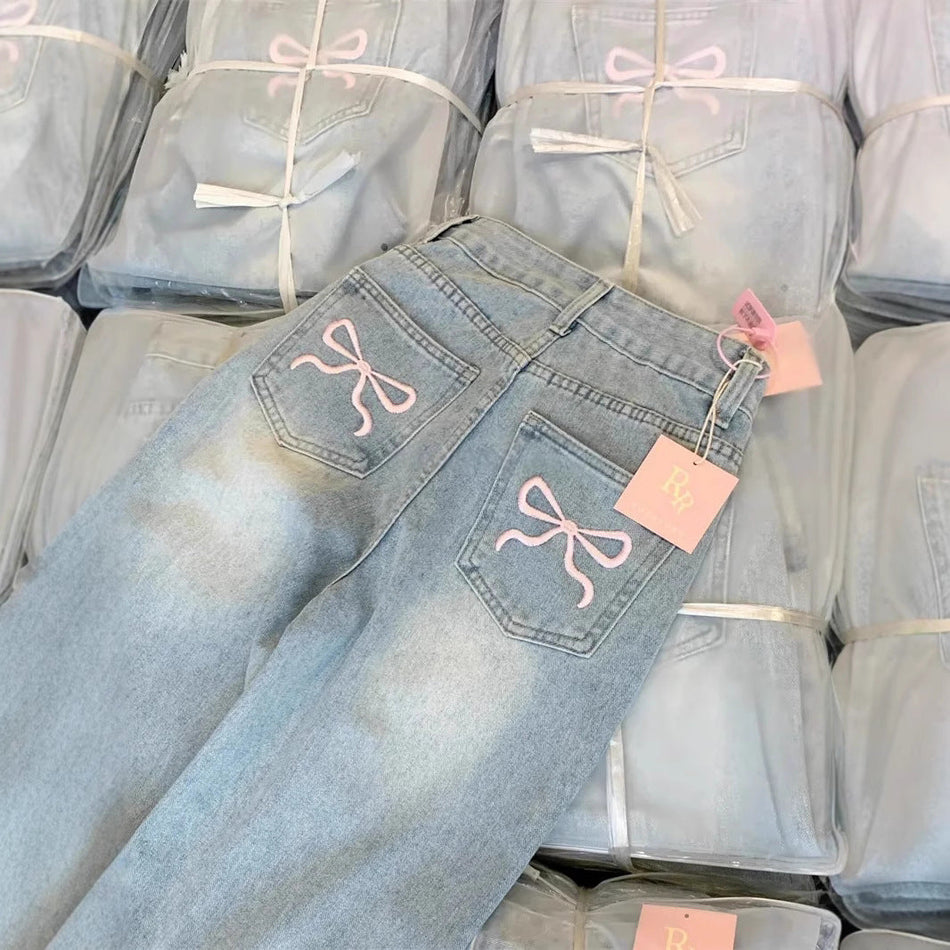 High Waist Light Blue Straight Leg Jeans for Women