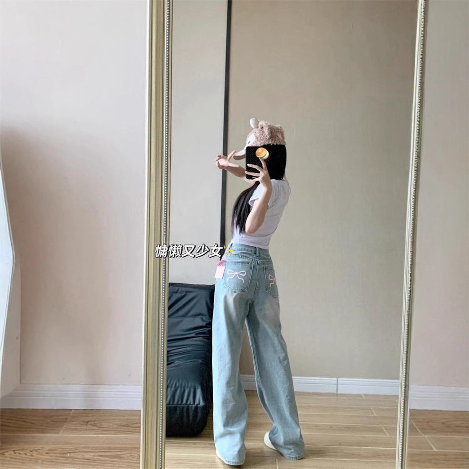 High Waist Light Blue Straight Leg Jeans for Women
