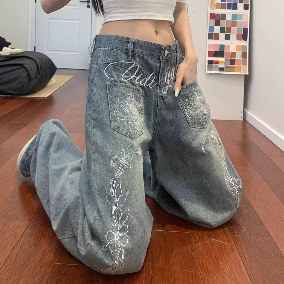 Floral Embroidered High Waist Wide Leg Jeans for Women