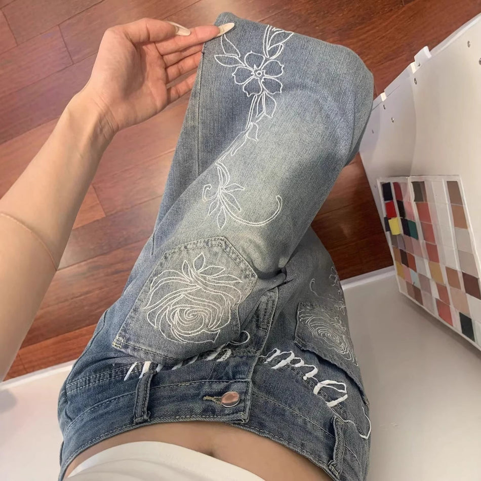 Floral Embroidered High Waist Wide Leg Jeans for Women