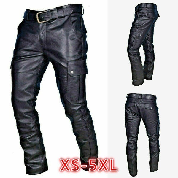 Men's PU Leather Lace Up Casual Pants Solid Color Design