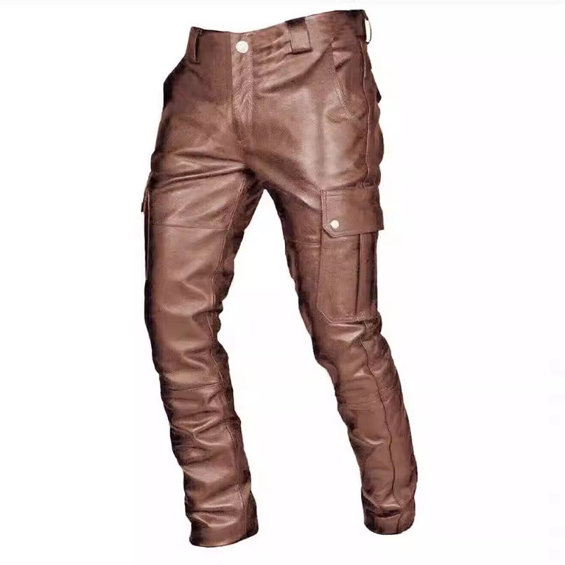 Men's PU Leather Lace Up Casual Pants Solid Color Design