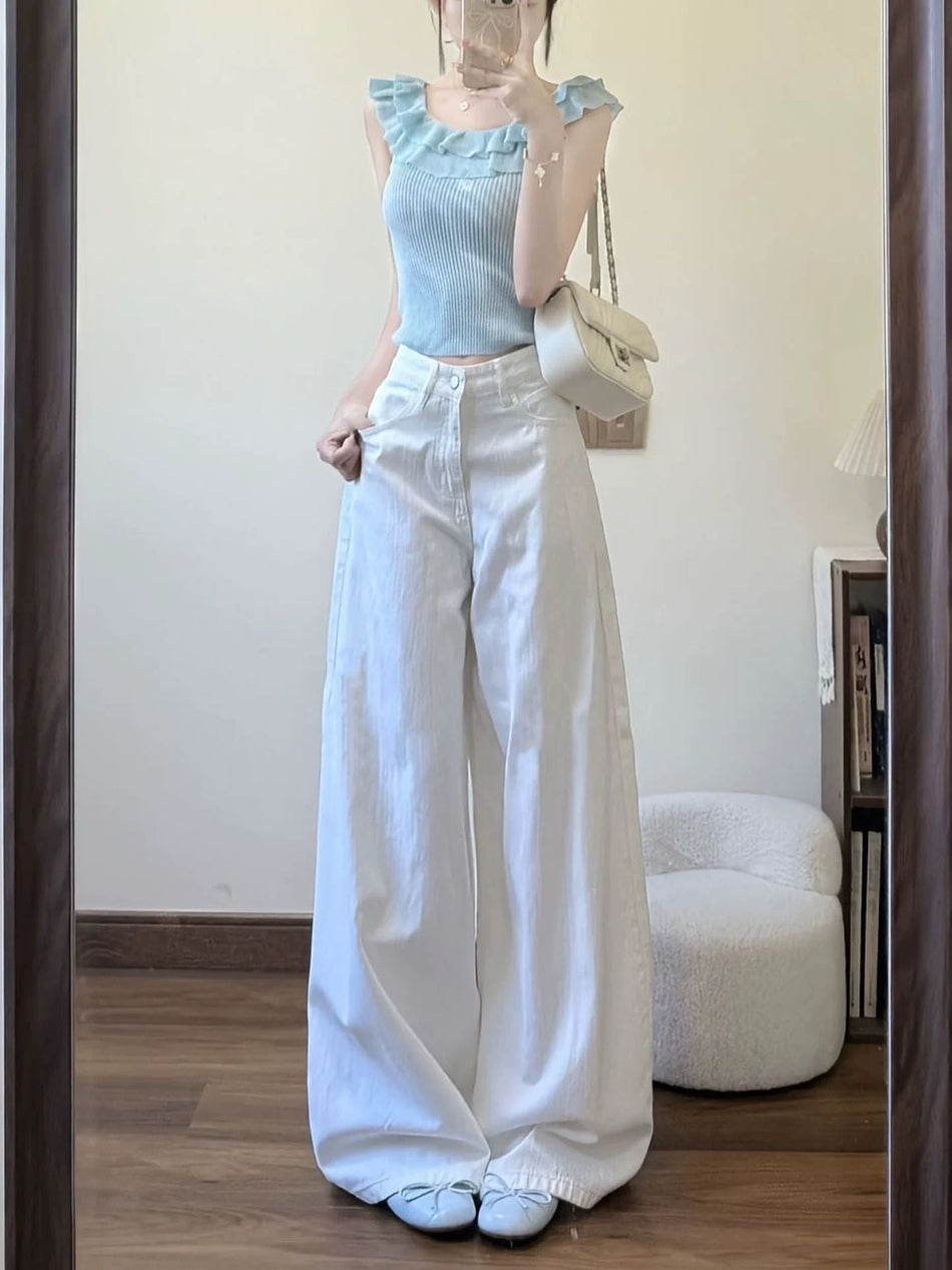 High Waist White Wide Leg Jeans for Women