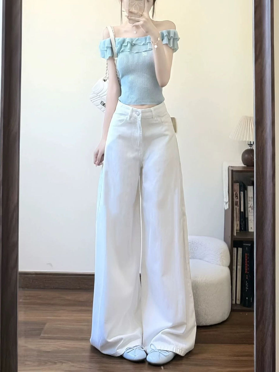 High Waist White Wide Leg Jeans for Women