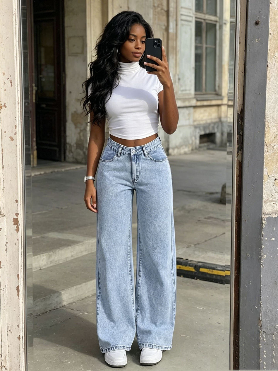 High Waist Light Blue Wide Leg Jeans for Women