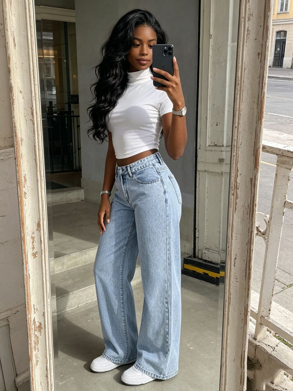High Waist Light Blue Wide Leg Jeans for Women