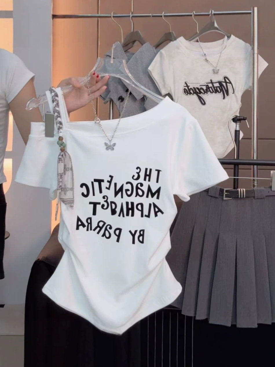 Women's Off-Shoulder Printed Slim Fit T-Shirt