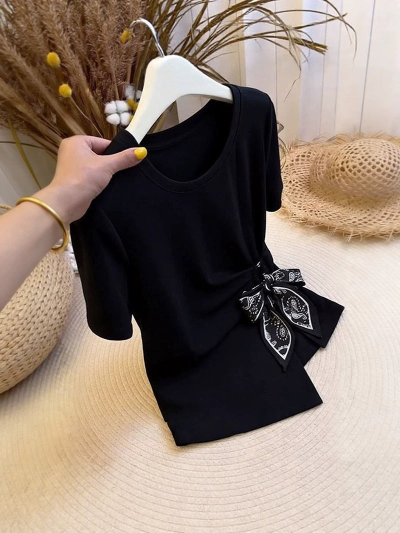 Women's Irregular Lace-Up Slim Fit Cotton T-Shirt